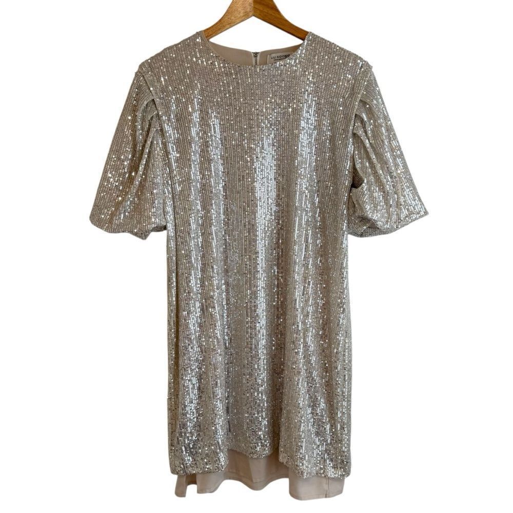 LILI SIDONIO by Molly Bracken Silver and Cream Sequin Balloon Sleeve Mini Dress